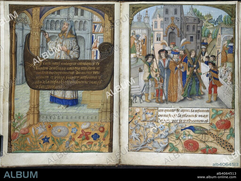 OLIVIER DE LA MARCHE and MASTER OF THE TRIVIAL HEADS. The author; Stephen of Burgundy. Chronicles of the Kings and Dukes of Burgundy. S. Netherlands [Bruges]; between 1485 and 1490. (Whole opening] Left; the author, [Olivier de la Marche?], with a large scroll. Right; Stephen, second legendary King of Burgundy sets out on pilgrimage to Marseilles to give thanks for his and his wife's escape from death, preceded by the Cross of St Andrew. Background scenes showing Trophimus and his wife baptised by St Maximinus at Aix-en-Provence, and St Mary Magdalen intercedes for the king and queen who are represented rising from their sarcophagi. Borders of tompe l'oeil decoration of acanthus, flowers, and a peacock  Image taken from Chronicles of the Kings and Dukes of Burgundy.  Originally published/produced in S. Netherlands [Bruges]; between 1485 and 1490. . Source: Yates Thompson 32, ff.1v-2. Language: French.