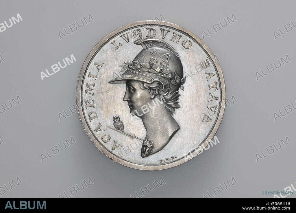 medal, Barend Christiaan van Calker, 1775, minted, General: 3.4 x 0.2cm (34 x 2mm), Weight: 15g, Silver medal at the second centenary of Leiden University 1775. On the front Minerva is depicted with a book on your lap and as attributes a spear, a shield and an owl. On the left a tree with three coats of arms, that of Holland, the Prince of Orange and Leiden. In very small letters at the bottom of the maker's initials: B.C.V.C .. On the reverse, within a wreath of ivy leaves and laurel branches, the inscription: LTERO SECVLARI ACAD.BATAVAE IPSA.CVM.REP. EODEM.AVCTORE FVNDATAE MDCCLXXV, book, city coat of arms, owl, minerva, tree.