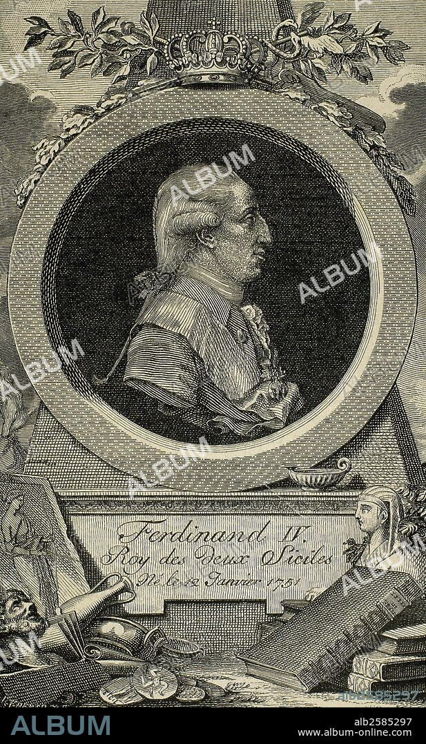 FERNANDO I DE BORBON-DOS SICILIAS (Nápoles, 1751-Nápoles,1825). Tercer hijo de Carlos III de España. Los franceses lo expulsaron en 1798 y en 1806 del reino de Nápoles, donde reinaba con el nombre de Fernando IV. Se refugió en Sicilia y adoptó el título de "REY DE LAS DOS SICILIAS". Apoyado por La Santa Alianza, triunfó sobre el movimiento revolucionario de 1820. Grabado por Cremer.