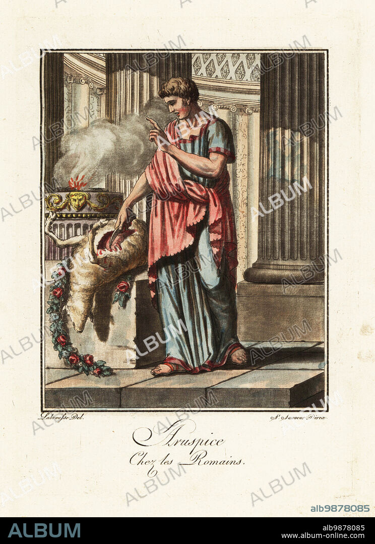 Haruspex reading the entrails of a sacrificed sheep, ancient Rome. In crimson mantle over blue toga, using a knife to disembowl a sheep on a sacrifical altar. Auspice chez les Romains. Handcoloured copperplate drawn and engraved by L. Labrousse, artist of Bordeaux, under the direction of Jacques Grasset de Saint-Sauveur from his Lantique Rome, ou description historique et pittoresque, Ancient Rome, or historical and picturesque description, Chez Deroy, Paris, 1796.