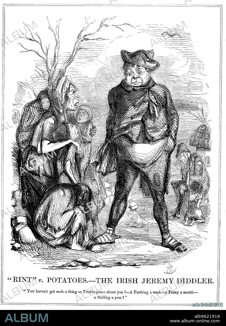 'Rint v Potatoes - The Irish Jeremy Diddler, 1845. Daniel O'Connell (1775-1847), Irish political leader, continued to collect repeal rents to fund the Home Rule movement while the Irish poor were starving. Cartoon from Punch. (15 November 1845).