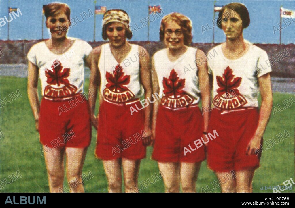 Canadian team, women's 4 x 100 metres relay, 1928. Ethel Smith, Bobbie Rosenfeld, Myrtle Cook and Jane Bell won gold medal at the 1928 Summer Olympics, held in Amsterdam. From "Die Welt in Bildern", (The World in Pictures), cigarette card album, c1928. [Georg A Jasmatzi, A.-G., Dresden, Germany].