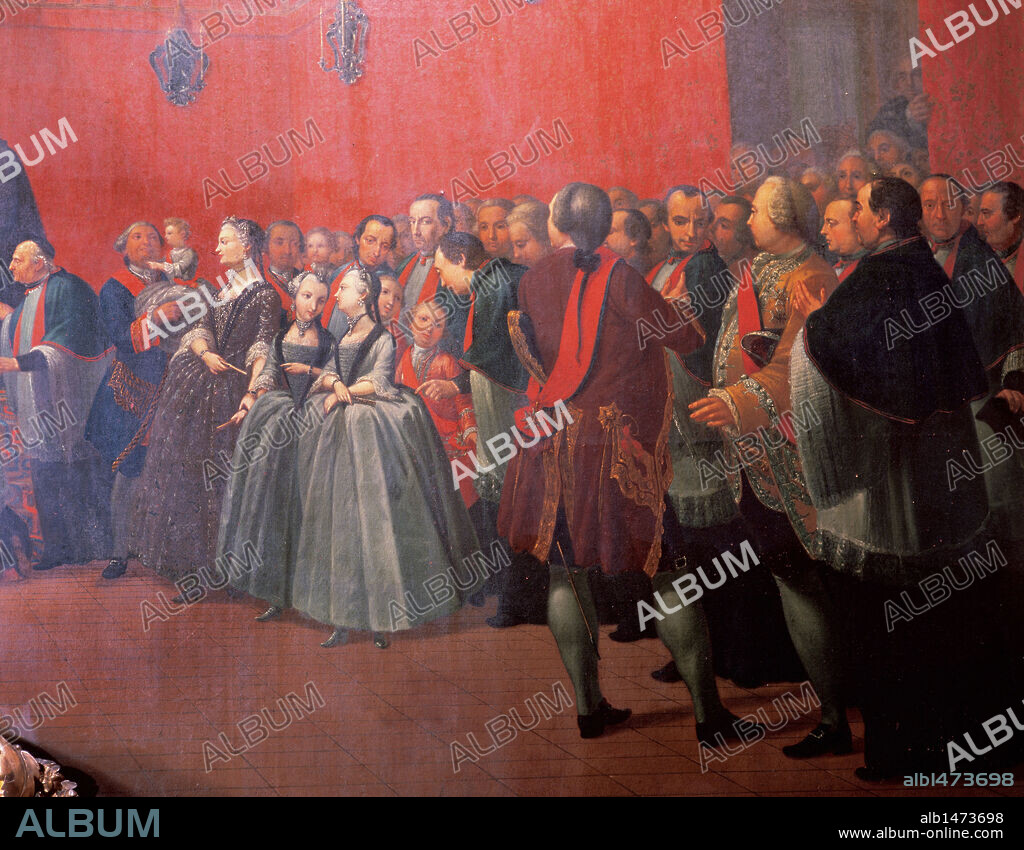 ARTE SIGLO XVIII. ESPAÑA. TREMULLES I ROIG, Manuel (Barcelona, 1715-1791). Pintor catalán. "INVESTIDURA DE CARLOS III COMO CANONIGO DE LA CATEDRAL DE BARCELONA" (1768). Detalle DE LA NOBLEZA CATALANA ASISTENTE AL ACTO. Sala Capitular. Catedral de Barcelona. Cataluña.
