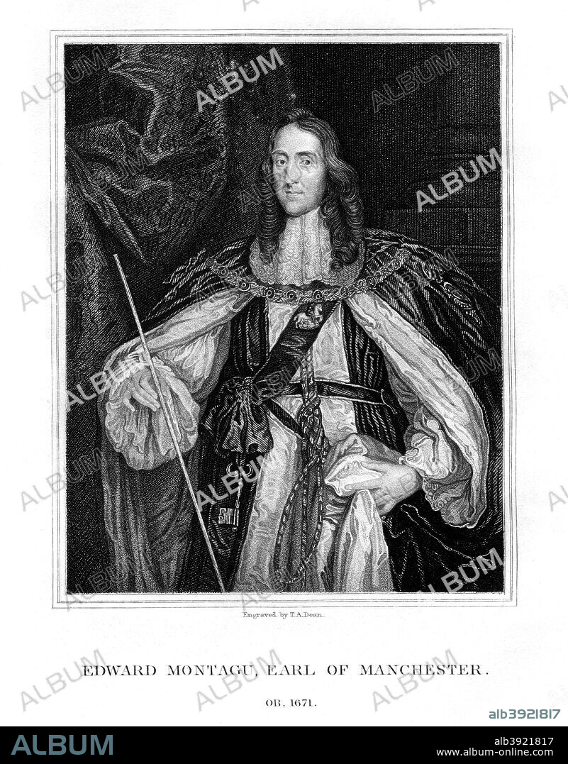 Edward Montagu, 2nd Earl of Manchester, English soldier, (1828). In the English Civil War, Montagu (1602-1671) fought on the side of Parliament against the Royalists. He opposed the trial of Charles I however, and later actively promoted the restoration of the monarchy. After a portrait by Peter Lely (1618-1680).