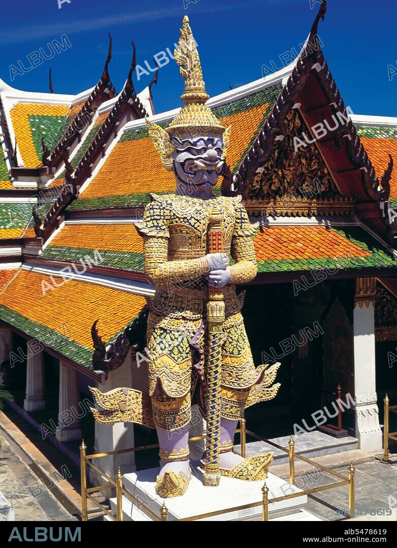 Yaksha is the name of a broad class of nature-spirits, usually benevolent, who are caretakers of the natural treasures hidden in the earth and tree roots. They appear in Hindu, Jain and Buddhist mythology. The Ramakien is the Thai version of the Indian epic, the Ramayana or the 'Romance of Rama', and has an important influence on Thai literature, art and drama. It is regarded as the National Epic of Thailand. Wat Phra Kaew (Temple of the Emerald Buddha); full official name Wat Phra Si Rattana Satsadaram is regarded as the most sacred Buddhist temple in Thailand. It is located within the precincts of the Grand Palace. The Grand Palace served as the official residence of the Kings of Thailand from the 18th century onwards. Construction of the Palace began in 1782, during the reign of King Rama I, when he moved the capital across the river from Thonburi to Bangkok.