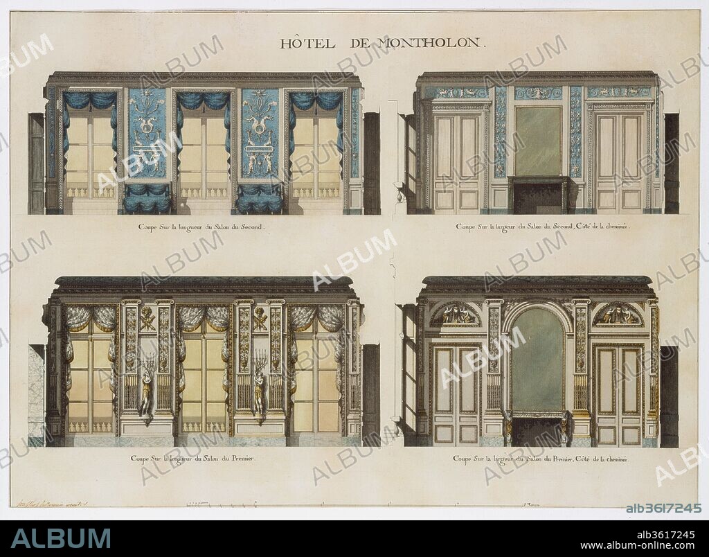 JEAN JACQUES LEQUEU y FRANÇOIS SOUFFLOT. Longitudinal and Cross Sections of the Salons of the Hôtel de Montholon. Artist: Jean Jacques Lequeu (French, Rouen 1757-1825 Paris); François Soufflot (French, died 1802). Dimensions: 15 11/16 x 21 11/16 in.  (39.8 x 55.1 cm). Date: 1785-86.
The interiors depicted in this drawing are part of the Hôtel de Montholon, a commission given to François Soufflot le Romain and executed by Jean Jacques Lequeu for the wealthy magistrate and later president of the Parlement of Normandy, Nicolas de Montholon. The hôtel is situated on 23, boulevard Poissonnière, Paris (previously the Boulevard Montmartre).