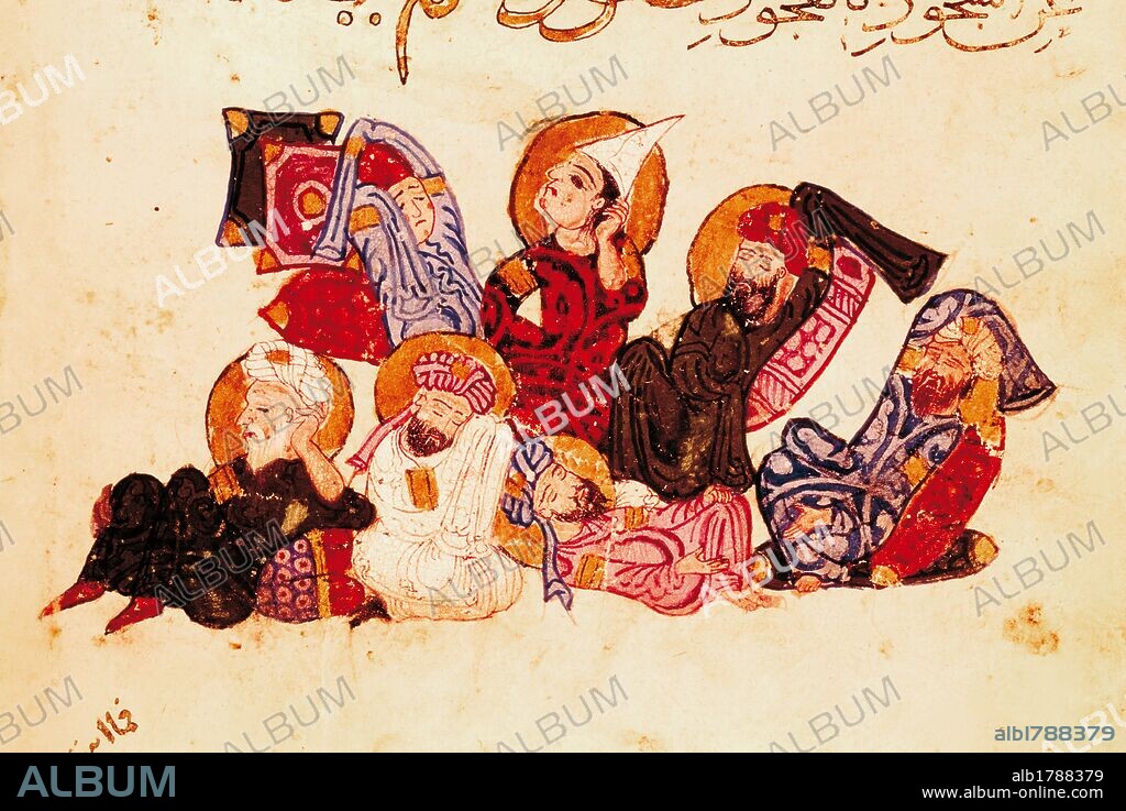 ARTE ISLAMICO. EPOCA DE LOS PRIMEROS CALIFATOS. Miniatura del siglo XIII donde se representa a un grupo de CAMELLEROS DESCANSANDO EN UNA PARADA. Miniatura de "MAQAMAT" DE AL-HARIRI, donde se narra la vida de los árabes.