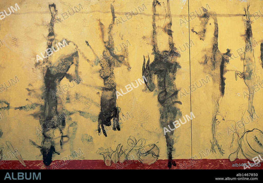 MIQUEL BARCELÓ. ARTE S. XX. ESPAÑA. BARCELO, Miguel (n. Felanitx, 1957). Pintor español. "SETZE PENJATS" (1992). Detalle del cuadro. Obra perteneciente a la época de inspiración africana. Exposición sobre el autor realizada en el Museo de Arte Contemporáneo de Barcelona (1998). BARCELONA. Cataluña.