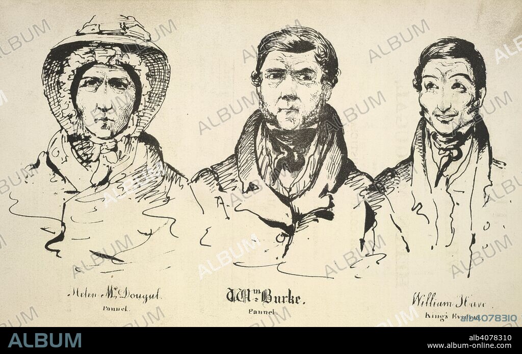 McDougal, Burke and Hare. Trial of William Burke and Helen M'Dougal, before. Robert Buchanan: Edinburgh, 1829. Helen McDougal; William Burke (1792-1829) and William Hare (d.1860s). Burke and Hare commited a series of murders, supplying the corpses to Dr Robert Knox, the anatomist, for dissection. Hare turned King's evidence. Burke was hanged.  Image taken from Trial of William Burke and Helen M'Dougal, before the High Court of Justiciary, at Edinburgh December 24. 1828, for the murder of Margery Campbell, or Docherty. Taken in short hand by Mr. John Macnee With portraits, etc. (Supplement to the Trial of William Burke & Helen M'Dougal, containing the whole legal proceedings against William Hare, in order to bring him to trial for the murder of James Wilson, or Daft Jamie. With an appendix of curious and interesting information, regarding the late West-port murders. Illustrated by a print of Mrs. Hare, etc.) [Edited by Charles Kirkpatrick Sharpe.].  Originally published/produced in Robert Buchanan: Edinburgh, 1829. . Source: 1245.c.29, frontispiece. Language: English.