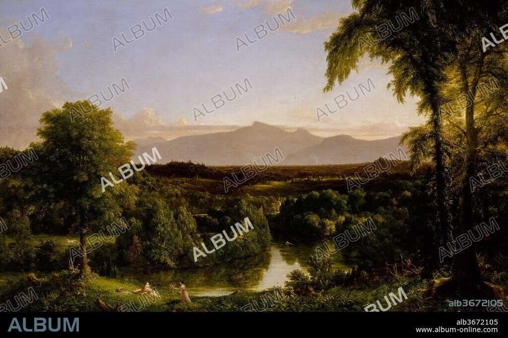 View on the Catskill--Early Autumn. Artist: Thomas Cole (American, Lancashire 1801-1848 Catskill, New York). Dimensions: 39 x 63 in. (99.1 x 160cm). Date: 1836-37.
Cole was enraptured by the mountains, crags, and verdant valleys that rim the Hudson River in upstate New York and spent much of his time at his house near the town of Catskill, on the banks of Catskill Creek. By 1837, however, the landscape no longer resembled this canvas. The Canajoharie and Catskill Railroad was being constructed through its heart, dooming hundreds of trees. Cole, who was also a poet and an essayist, wrote in despair of the ruthless sacrifice. In the painting, the misty distant mountains, the calm light on the water, and the pastoral figures in the foreground constitute a scene that he mourned as lost forever.