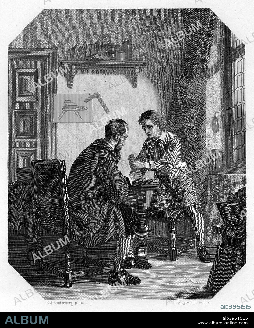 Hans Jansen and his son Sacharias, c1870. Some historians credit Sacharias Jansen, a Middelburg spectacle maker, with the invention of the telescope and the microscope (the latter with the help of his father) around the turn of the 17th century. A print from Nederlands Geschiedenis en Volksleven in Schetsen, by J Van Lenner and J Ter Gouw. (Leiden, AW Sijthoff, c1870).