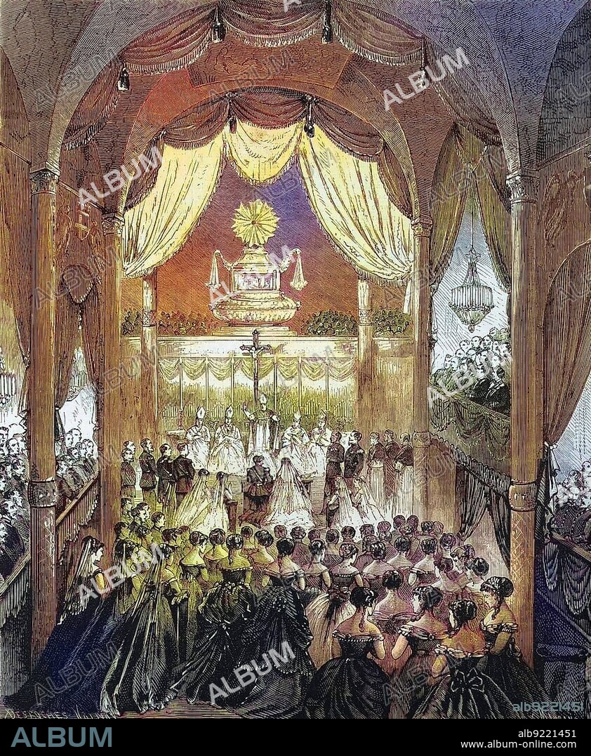 The wedding of Umberto I and his cousin Margarethe on 22 April 1868 in Turin Cathedral, Umberto I. Umberto Rainerio Carlo Emanuele Giovanni Maria Ferdinando Eugenio di Savoia (14 March 1844) (29. July 1900), House of Savoy, was King of Italy from 1878 to 1900, and Margarethe Maria Therese Johanna, Margherita Maria Teresa Giovanna di Savoia (20 November 1851) (4 January 1926), Historical, digitally restored reproduction of a 19th century original, exact original date