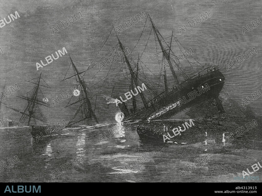 BERNARDO RICO (1825-1894). SPANISH PAINTER AND ENGRAVER.. España. Galicia. Choque y naufragio, al anochecer del día 21 de julio de 1884, de los vapores "Gijón" (español) y "Lexham" (inglés), a la altura de las islas Sisargas, entre éstas y el cabo Villano. Dibujo de A. de Caula. Grabado por Bernardo Rico (1825-1894). La Ilustración Española y Americana, 30 de Julio de 1884.