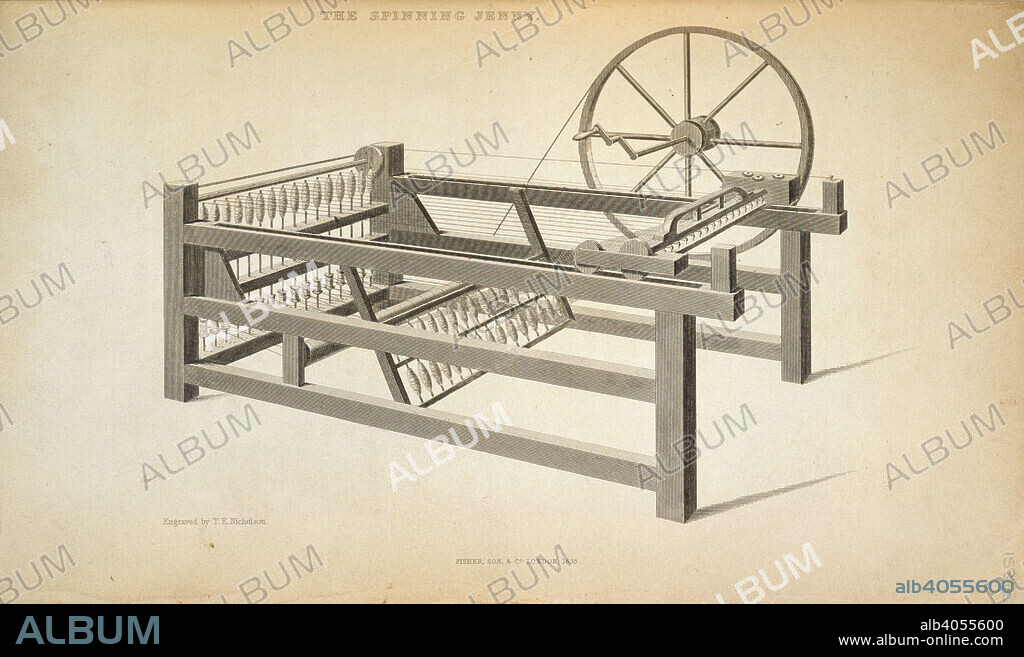 The Spinning Jenny. History of the Cotton Manufacture in Great Britain. H. Fisher & Co.; London, 1835. The Spinning Jenny.  Image taken from History of the Cotton Manufacture in Great Britain. a description of the great mechanical inventions which have caused its extension in Britain; and a view of the present state of the manufacture.  Originally published/produced in H. Fisher & Co.; London, 1835. . Source: 1044.g.23, opposite 158.