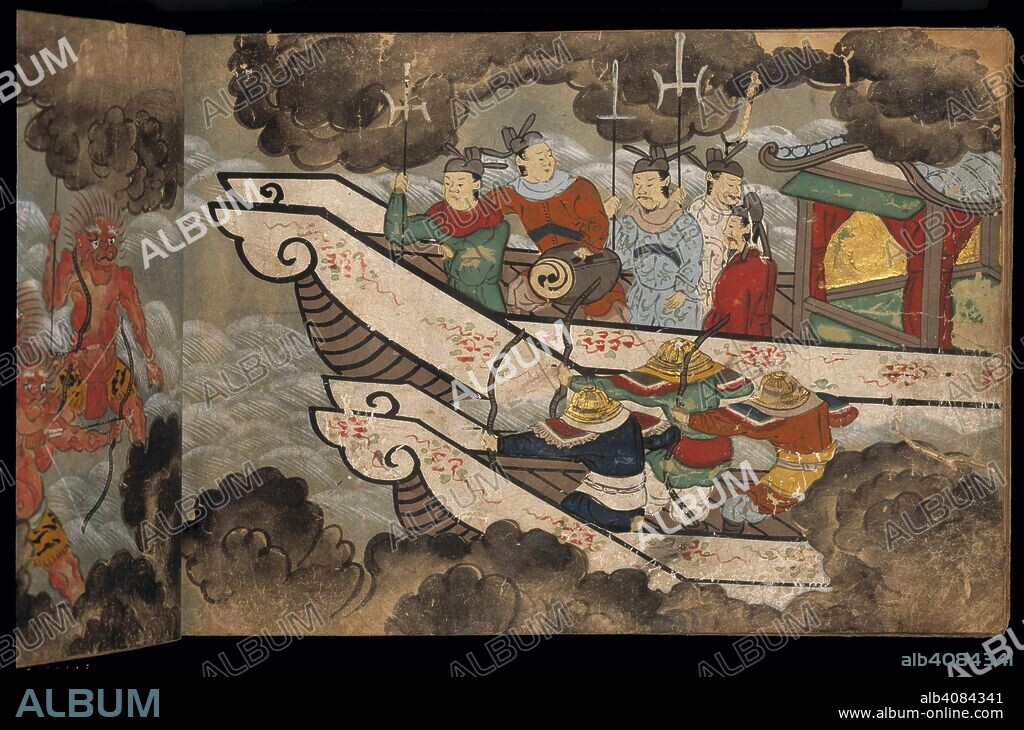 Chinese soldiers on ships. Taishokkan. early Edo period (1640-1680). Kowakamai manuscript dealing with the life of Fujiwara no Kamatari, his daughter and a precious crystal ball.  Image taken from Taishokkan.  Originally published/produced in early Edo period (1640-1680). . Source: Or. 13129 volume 1, f.20v. Language: Japanese.