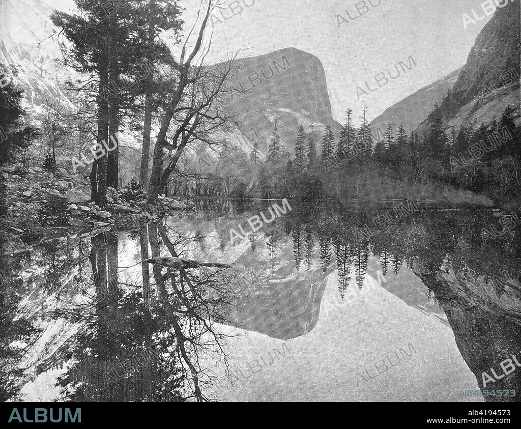 United States of Amirca, Landscape at the small Mirror Lake, located on Tenaya Creek in Yosemite National Park, situated in Tenaya Canyon directly between North Dome and Half Dome, California, digital improved reproduction of an original print from the 19th century.