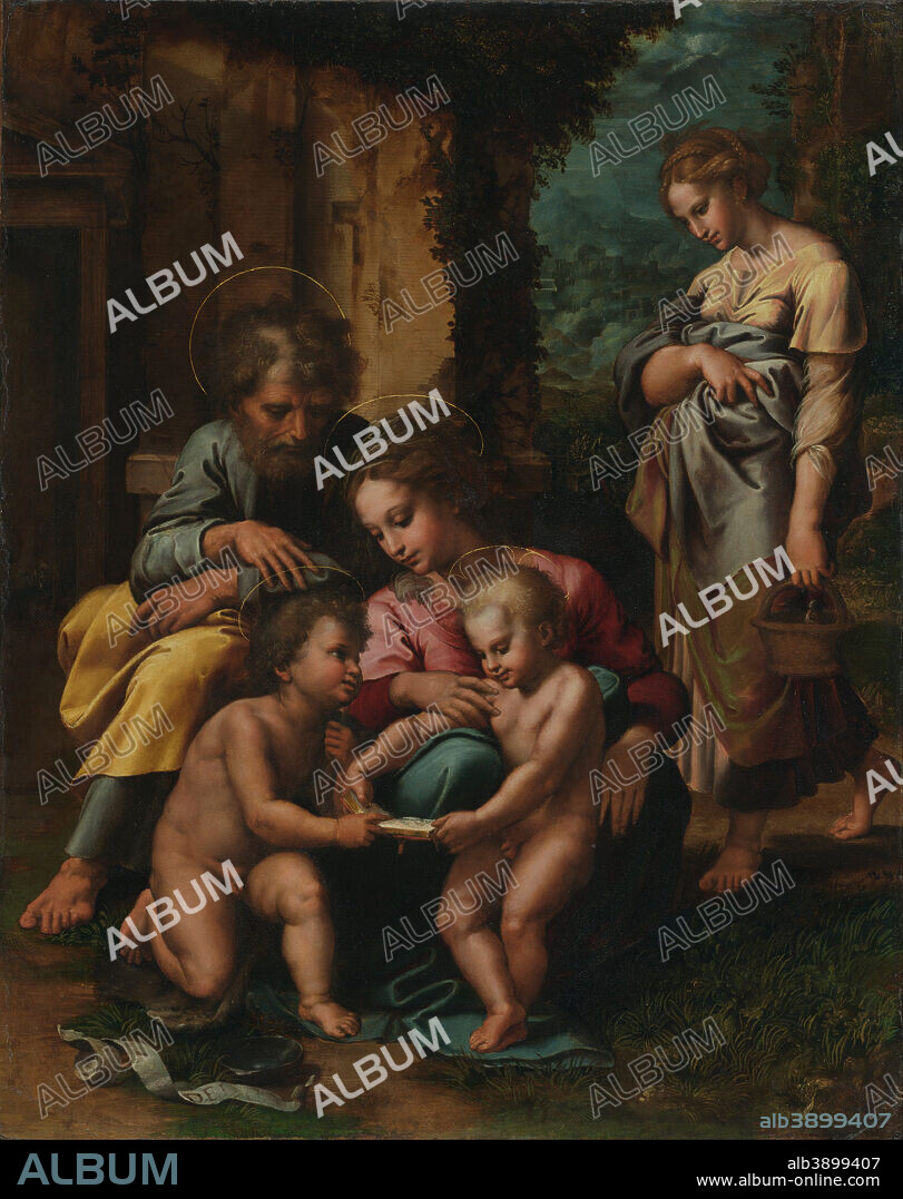 GIULIO ROMANO (GIULIO PIPPI). The Holy Family. Date/Period: Ca. 1520 - 1523. Painting. Oil (possibly mixed with tempera) on panel. Height: 778 mm (30.62 in); Width: 619 mm (24.37 in).