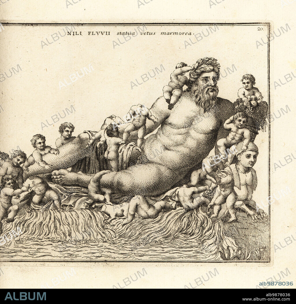Statue of the River Nile as an old man leaning on a sphinx, with cornucopia of fruit, bushel of wheat and 16 children. Found in the Campo Marzio, now in the Vatican. Nili Fluvii statua vetus marmorea. Copperplate engraving by Giovanni Battista Cannetti from Copperplates of the most beautiful ancient statues of Rome, Calcografia di piu belle statue antiche a Roma, engraved by Cannetti all'Arco della Ciambella, published by Gaetano Quojani, Rome, 1779.