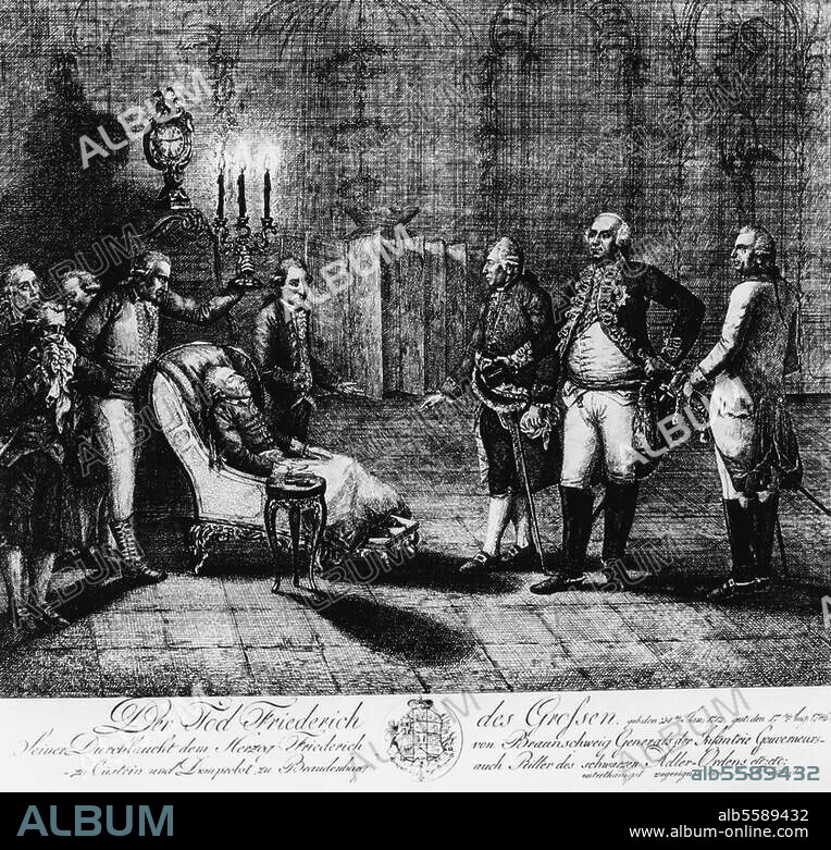 Friedrich II. (der Große), König von Preußen (1740-86); 1712-1786. Der Tod des Königs am 17. August 1786. in Sanssouci in Gegenwart Friedrich Wilhelms II. Radierung, 1786, von J. F. Bock. 31,6 × 34,8 cm.
