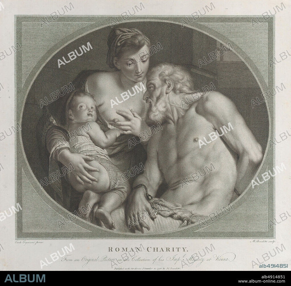Michele Benedetti, Roman Charity, with Pero, holding a small child, offering her right breast to the shackled Cimon, After Carlo Cignani (Italian, Bologna 16281719 Forlì), 1792, Stipple etching, Sheet (Trimmed): 15 1/2 × 17 1/8 in. (39.4 × 43.5 cm), Prints.