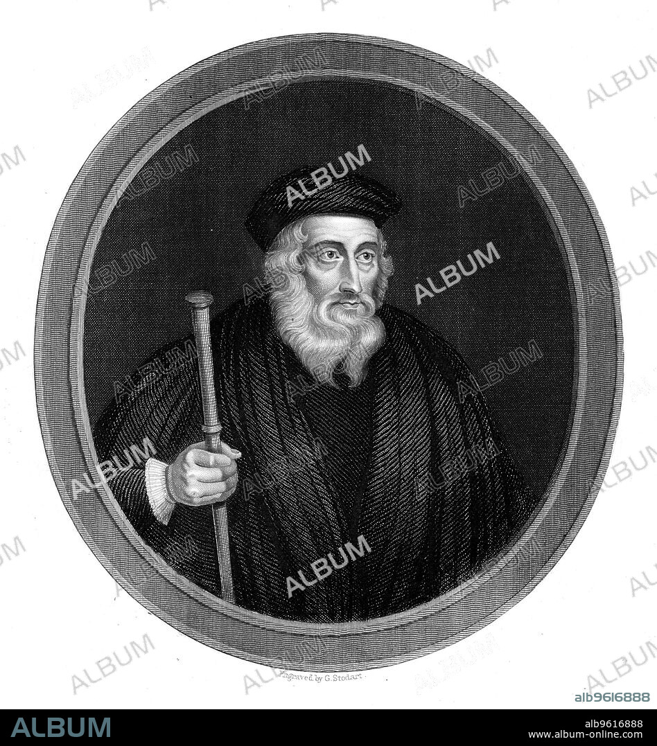 John Wycliffe, 14th century English religious reformer, 1851. Wycliffe (c1329-1384) embarked on a translation of the Bible into English in order to bypass the established Church and make the word of God accesible to all literate people. A controversial opponent of the established Catholic Church who questioned the doctrine of transubstantiation, he was the leader of the religious movement known as the Lollards (Mumblers). Wycliffe was blamed by his ecclesiastical superiors for inciting the Peasant's Revolt of 1381, and many of his writings were banned. His works were an inspiration to the leaders of the Reformation, including Martin Luther.