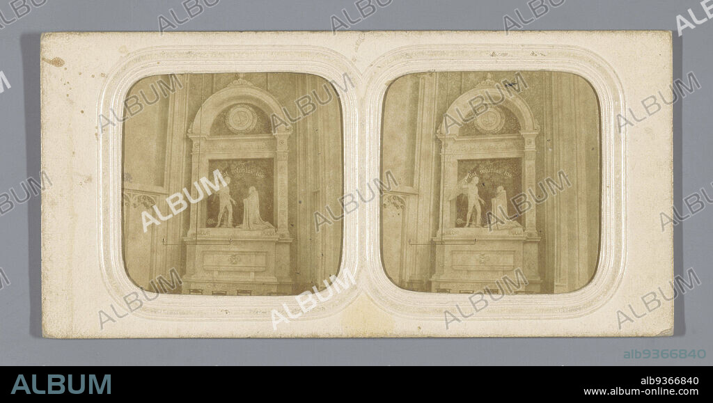 Tomb of the Prince-Bishop of Liège in St Rombouts Cathedral in Malines, Tombeau du Prince archevêque de Méan dans la cathédrale de Malines (title on object), anonymous, Mechelen, 1855 - 1875, photographic support, paper, albumen print, perforating, height 85 mm × width 174 mm.