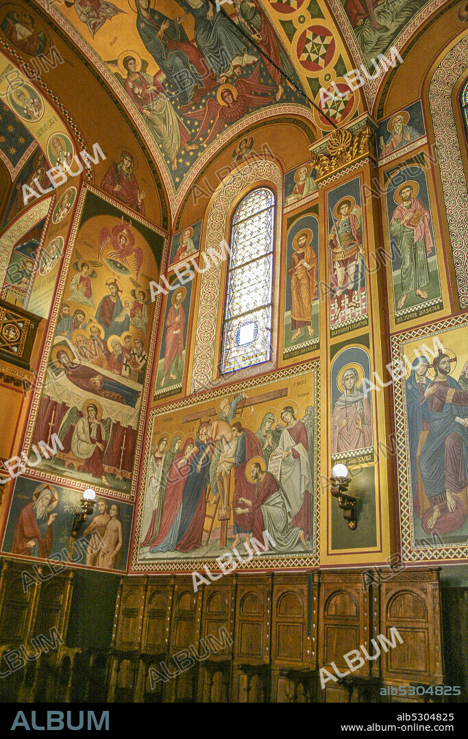 Zagreb, Croatia, Republika Hrvatska. The Orthodox Cathedral, dedicated to the Transfiguration of Jesus, was built in 1866 to a design by the Croatian architect Franjo Klein. It was restored in 1883-1884 by the architect Herman Bollé. The bell tower was built in 1899, while the facade was completely modified in 1913-1914.The interior orf the church.