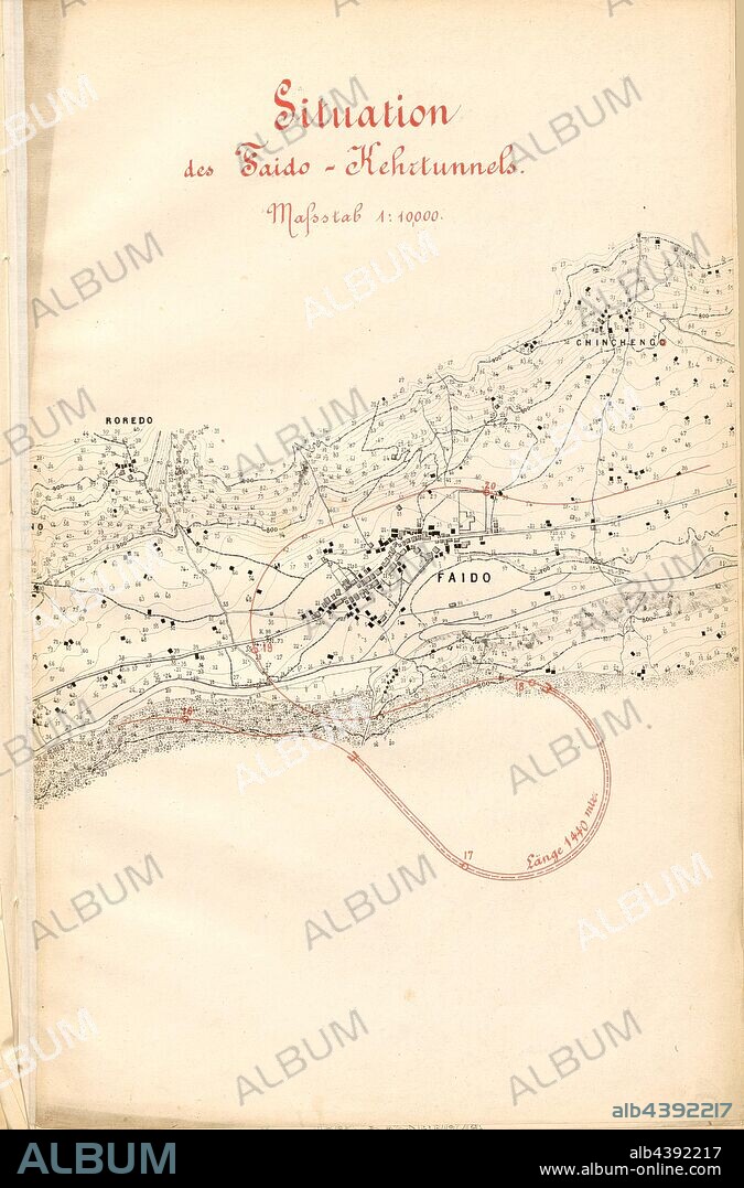 Situation des Faido - Kehrtunnels, Map of the Gotthard Railway at Faido with a spiral tunnel, Taf. 6, according to p. 4, 1875, Wilhelm Hellwag: Bericht des Oberingenieurs der Gotthardbahn über die Notwendigkeit der sofortigen Inangriffnahme derjenigen Tunnels, welche eine besonders lange Bauzeit erheischen. Zürich: [s.n.], 1875.