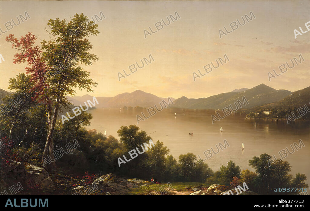 Lake George, John William Casilear, American, 1811-1893, Oil on canvas, 1857, 37 5/8 x 60 in., 95.5 x 152.4 cm, 1857, 19th Century, adirondacks, Albany, Boat, Cloud, Dramatic, Grass, hillside, Horizon, Hudson River School, lake, Lake George, landscape, light, Mountain, mountains, New York State, oil on canvas, painting, Reflection, reflections, Rock, rocks, Romanticism, Sail, sailboats, Tree, trees, Water, Wilderness, x-ray, xray, Article, Brown, Comb, Cosmetic, Egypt Exploration Fund, Roman Period, Wood.