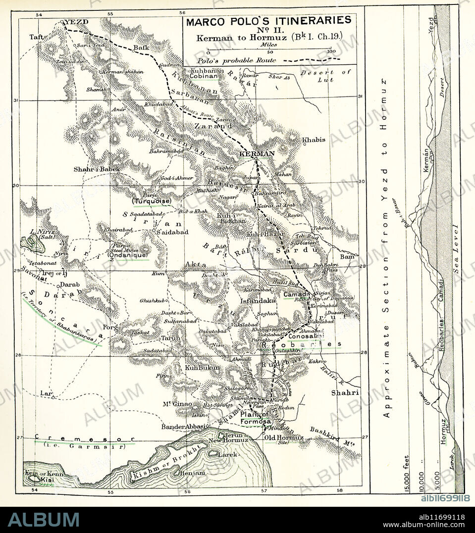 The caption for this map from The Travels of Marco Polo Vol I as translated by Henry Yule reads: "Marco Polo's Itineraries No II Kerman to Hormuz Bk I Ch 19." Polo's possible route is marked by dotted line. Marco Polo was a Venetian traveler who left Venice, Italy, with his father Niccolo and uncle Maffeo in 1271. He arrived in China in 1275 where Kublai Khan had his court, and returned home in 1294. Note that the city of Kinsai, the so-called 'Heavenly City,' was called by Marco Polo Coromoran. Kanbaliq is Turkic for what is today Beijing. Polo called it Cambaluc. Siam is present-day Cambodia. Polo dictated his adventures to Rustichello. These writings, written in French, were titled 'Books of the Marvels of the World,' but are better known in English as 'The Travels of Marco Polo.'.