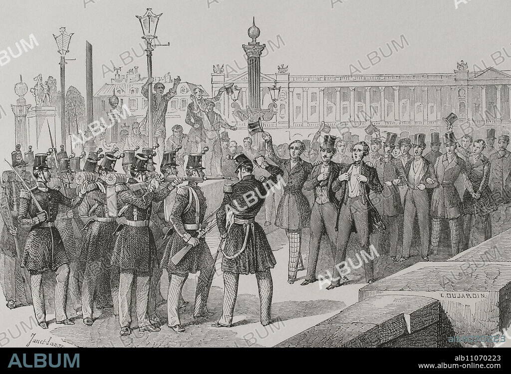 ANGE-LOUIS JANET-LANGE (1811-1872). FRENCH ARTIST.. Revolución francesa de 1848. Insurrección popular que tuvo lugar en París del 23 al 25 de febrero de 1848, protagonizada por obreros y estudiantes, a los que se unió la Guardia Nacional. Como consecuencia de ella y para evitar derramamientos de sangre, el día 24 el rey Luis Felipe I (1773-1850), sitiado en las Tullerías, abdicó en favor de su nieto Felipe de Orleans (1838-1894), conde de París. Los estudiantes en el Puente de la Concordia frente a las tropas. El ejército indeciso. Dibujo por Janet-Lange. Grabado por Dujardin. "Los Héroes y las Grandezas de la Tierra". Tomo VIII. 1856.