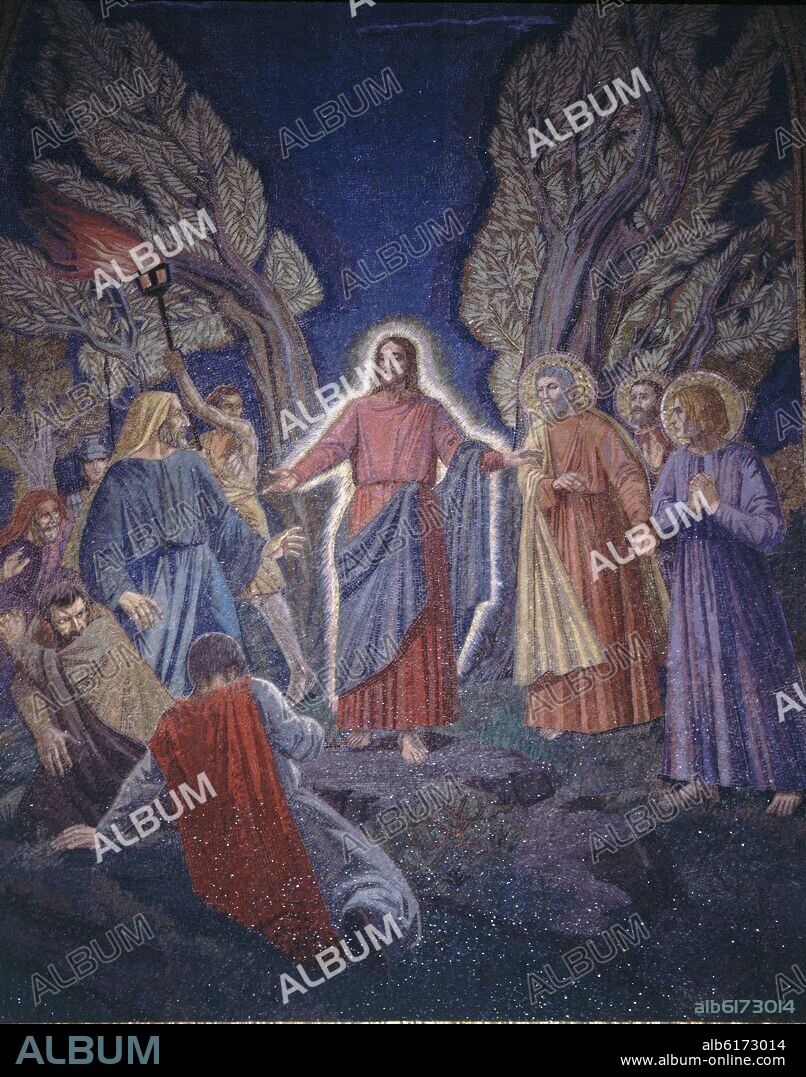 PRENDIMIENTO DE CRISTO EN EL HUERTO DE LOS OLIVOS - MOSAICO DEL ALTAR DE LA BASILICA DE LA AGONIA - SIGLO XX - FOTO AÑOS 90.