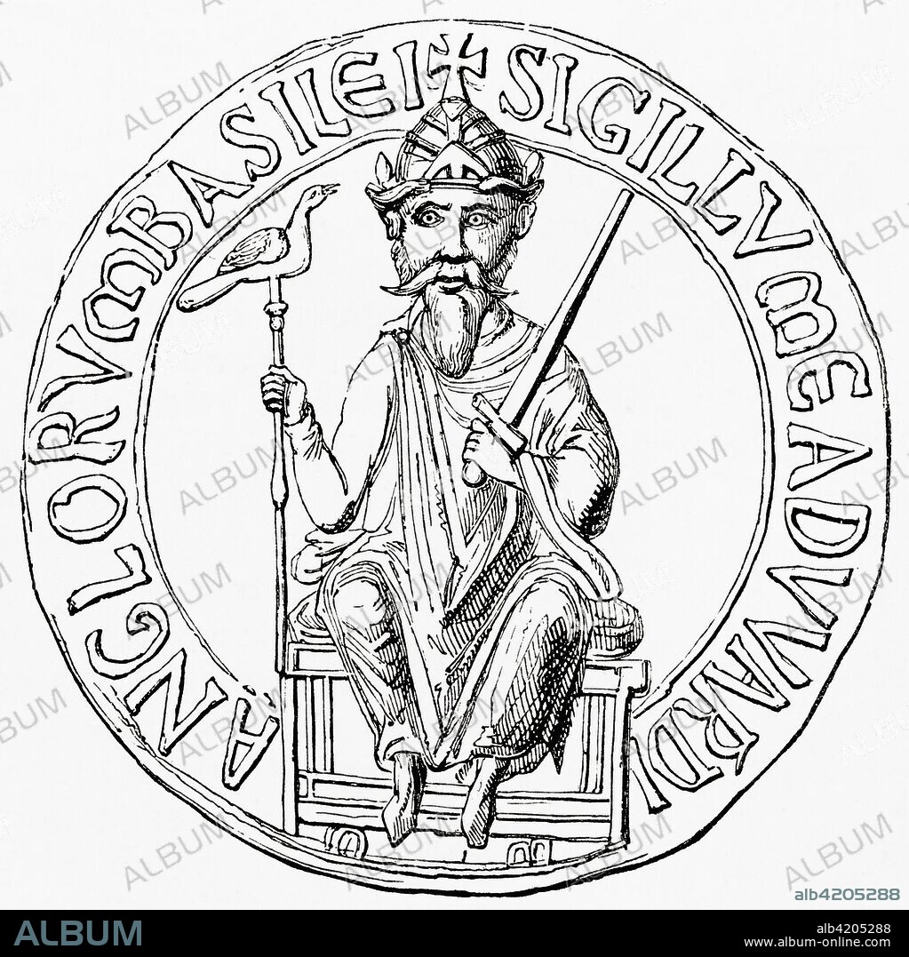 Great seal of Edward the Confessor.  His great seal was a casting in wax of his own visage to signify that a document carried the force of his will. Edward the Confessor, c. 1003 -  1066, aka Saint Edward the Confessor.  One of the last Anglo-Saxon kings of England.  From Ward and Lock's Illustrated History of the World, published c.1882.