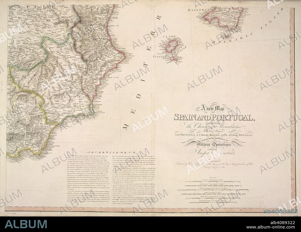 Map of the east coast of Spain. Showing: Castilla; Murcia; Valenciana; Iviza; Mallorca. A new map of Spain and Portugal ... compiled by Jasper Nantiat. London : Published by W. Faden ... Charing Cross, Jan. 1st. 1810. 1 map on 4 sheets : hand col ; 110x154cm., on sheets 53x84cm.; Scale [ca. 1:860 000]. British miles, 80 [=146mm]. Source: Maps C.12.f.4. Sheet 4.