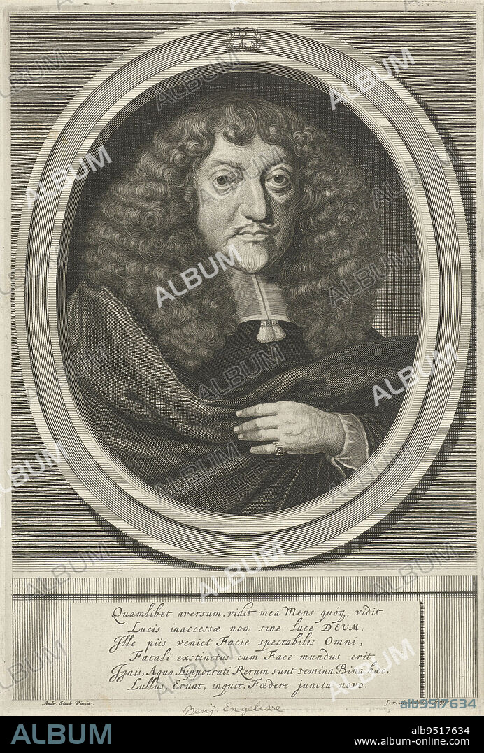 Portrait of Benjamin Engelcke, astronomer and member of a prominent family in Danzig. Below the portrait a six-line text in Latin, Portrait of Benjamin Engelcke., print maker: Johannes Willemsz. Munnickhuysen, (mentioned on object), after: Andreas Stech, (mentioned on object), Netherlands, 1685 - 1721, paper, engraving, h 280 mm × w 190 mm.