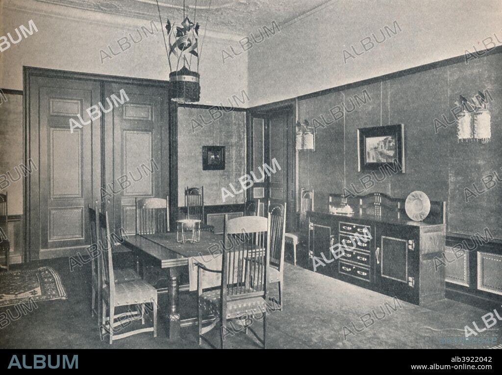'A view of a dining-room in a Berlin flat, designed by M. H. Baillie Scott', c1909. A room designed by Mackay Hugh Baillie Scott (1865-1945). From The Studio Volume 46. [London Offices of the Studio, London, 1909].