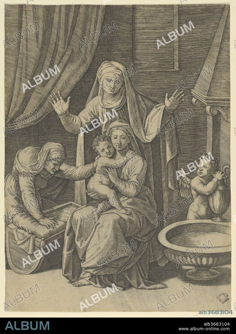 The Virgin holding the Christ Child, St Anne standing above with arms outstretched, St Elizabeth at the left. Artist: Marcantonio Raimondi (Italian, Argini (?) ca. 1480-before 1534 Bologna (?)); After Raphael (Raffaello Sanzio or Santi) (Italian, Urbino 1483-1520 Rome). Dimensions: 9 5/16 x 6 7/8 in.  (23.7 x 17.5 cm). Date: ca. 1520.