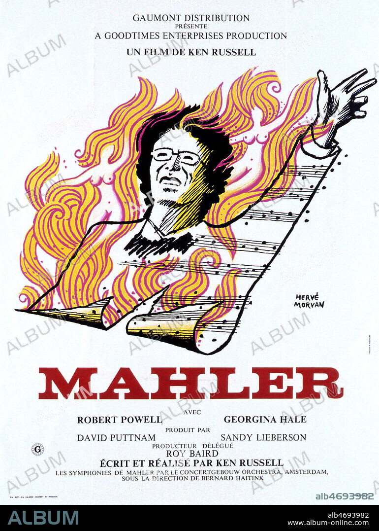 Affiche du film 'MAHLER' realise en 1974 par Ken RUSSEL (ne en 1927) avec Roger POWELL et Georgina HALLE. Illustration d'Herve MORVAN. Credit : Coll. Perron/KHARBINE-TAPABOR.