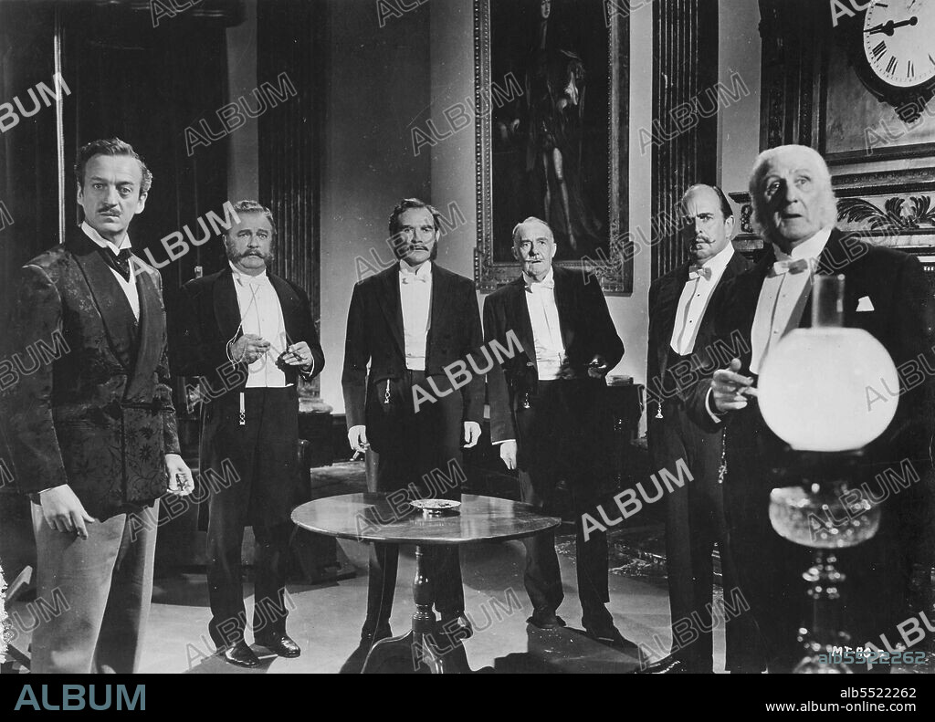 BASIL SYDNEY, DAVID NIVEN, FINLAY CURRIE, ROBERT MORLEY, RONALD SQUIRE y TREVOR HOWARD en LA VUELTA AL MUNDO EN 80 DÍAS, 1956 (AROUND THE WORLD IN EIGHTY DAYS), dirigida por MICHAEL ANDERSON. Copyright UNITED ARTISTS.