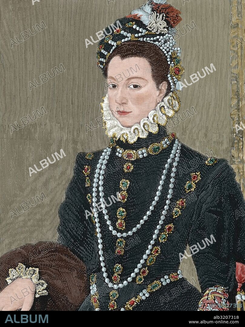 ISABEL DE VALOIS (Fontainebleau, 1546-Aranjuez, 1568). Reina de españa (1559-1568), tercera esposa de Felipe II, hija de Enrique II de Francia y de Catalina de Médicis. Grabado coloreado.
