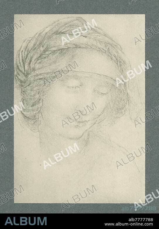 Leonardo da Vinci; 1452-1519. "Kopf einer beschleierten Frau nach rechts sehend". Faksimile des Originals "Kopfstudie der Heiligen Anna", um 1501/1510. (Studie zur Anna Selbdritt im Louvre. Schwarze Kreide, 188 x 130 mm. Windsor Castle, Royal Library, RL 1233r). Reproduktion im Kohledruckverfahren nach Fotografie der Photographischen Kunstanstalt Adolphe Braun (Adolphe Braun, 1812-1877, unter Mitarbeit von Charles Braun, 1815-1872, Henri Braun, 1837-1876, und Gaston Braun, 1845-1928). Aus der Mappe: Handzeichnungen von Leonardo da Vinci. Reproduziert und herausgegeben von Braun und Cie., Paris, Dornach (Elsaß), London und New York, o. J., Zweiter Teil, 60 Handzeichnungen auf 40 Tafeln in einer Mappe vereinigt, Nr. 37 b. Privatsammlung.