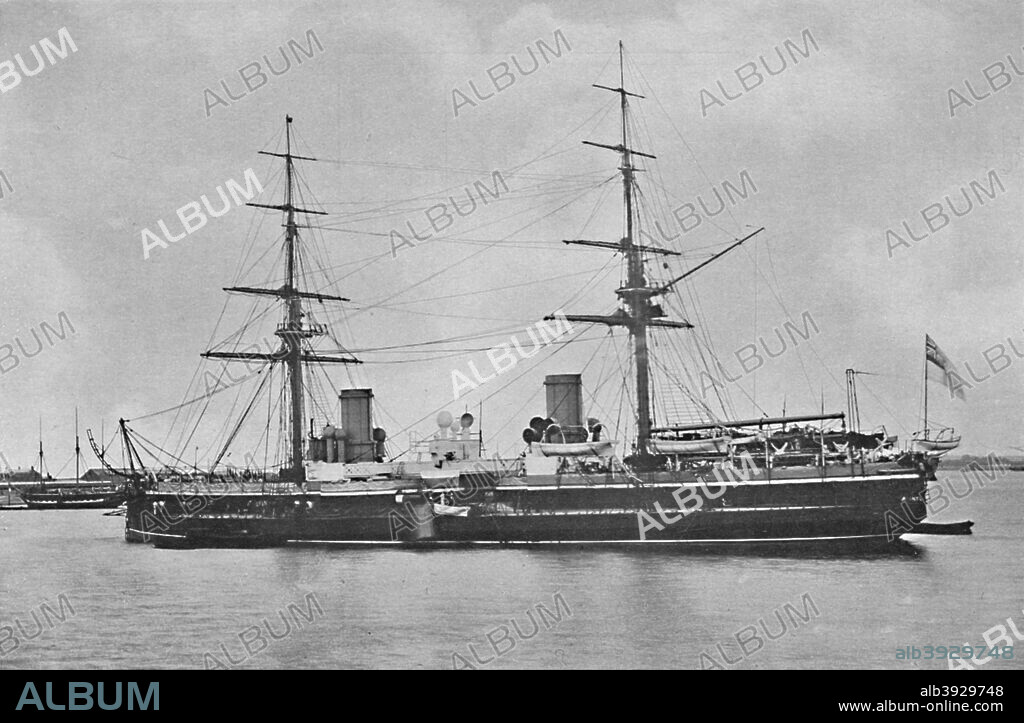 'H.M.S. Inflexible in 1880', c1880, (1904). HMS Inflexible was an Invincible-class battlecruiser of the British Royal Navy. She was built before World War I and had an active career during the war. From Social England, Volume VI, edited by H.D. Traill, D.C.L. and J. S. Mann, M.A. [Cassell and Company, Limited, London, Paris, New York & Melbourne, 1904].