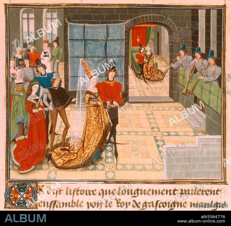 Littérature / Légendes. Chanson des Quatre fils Aymon (Renauld de Montauban). La cour de bal pour le mariage de Renaud de Montauban et Clarisse. Miniature, vers 1462/70, de David Aubert. De l'oeuvre en prose "Regnault de Montauban" en 4 volumes. Ms. Arsenal 5073, fol. 117 v°. Paris, Bibliothèque de l'Arsenal.