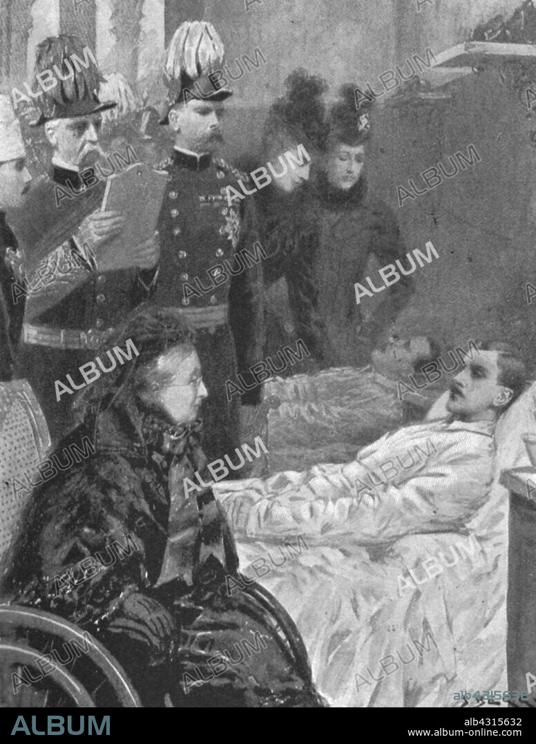 SAMUEL BEGG. 'Queen Victoria at Netley Hospital visiting Soldiers wounded in the Indian Frontier campaigns, December 3, 1898', (1901). Victoria (1819-1901) with injured men of the British Army, recovering in a hospital near Southampton, Hampshire. From "The Illustrated London News Record of the Glorious Reign of Queen Victoria 1837-1901: The Life and Accession of King Edward VII. and the Life of Queen Alexandra". [London, 1901].