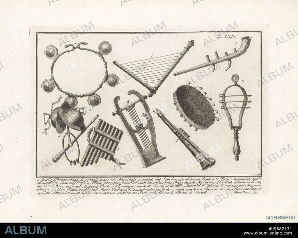Bronze ring decorated with rattles used in Bacchanalia 1, ancient triangular metal harp (Portici) 2, Bacchic tibia from a bas-relief in the Cortile known as Mazzarini 3, cymbals, flute and ring used in Bacchanalia (Portici) 4, zampogna or pipes used by fauni in the Villa Ludovisi 5, metal psalter (Portici) 6, flute or tibia (Vatican) 7, tympanum or tambourine with rattles used in Bacchanalia (Portici) 8, and sistrum used by priestesses of Isis (Portici) 9. Copperplate engraving by Domenico Pronti from his own New Collection Representing Religious, Civil and Military Costumes of the Ancient Egyptians, Etruscans, Greeks and Romans, Nuova Raccolta Rappresentante I Costumi Religiosi Civili e Militari, Rome, 1805.