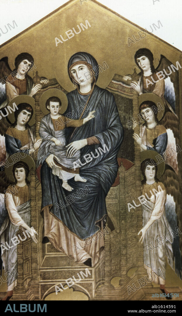 Maesta Madonna Enthroned, by Cimabue Cenni di Pepe, tempera on panel, circa 1270, circa1240-circa1302, France, Paris, Musee du Louvre.