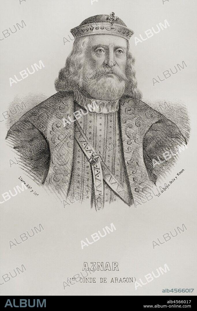 Aznar I Galindez (d. 839). Count of Aragon (809-820), Cerdanya and Urgell (820-839). Portrait. Illustration by Santiago Llanta. Lithography. Cronica General de Espa–a, Historia Ilustrada y Descriptiva de sus Provincias. Aragon, 1866.