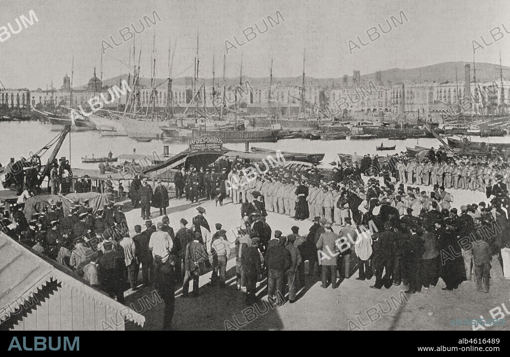 Guerra de Cuba. Puerto de Barcelona. Cataluña. España. Embarque de tropas con destino a la isla de Cuba, efectuado el 25 de febrero de 1898. La Ilustración Española y Americana, 1898.