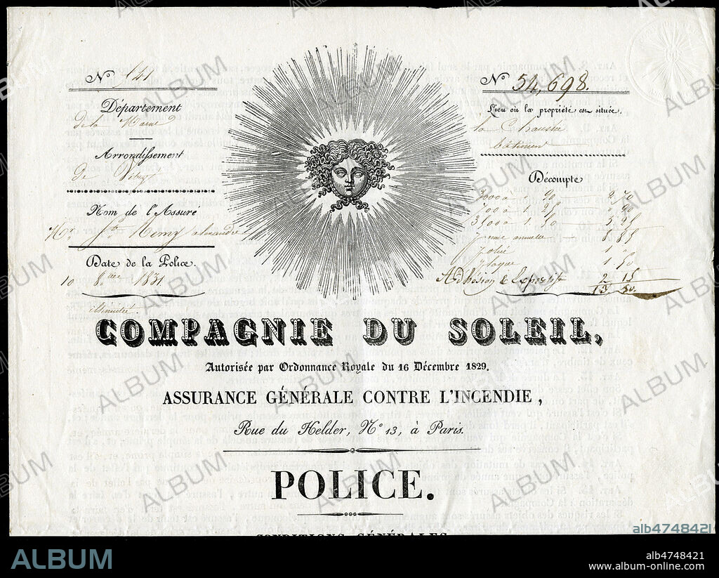 Assurance, assureur, 1821. En-tete d'une police d'assurance, Compagnie du Soleil, assurance generale contre l'Incendie, 1831 . 19eme siecle. Credit IM/KHARBINE TAPABOR.