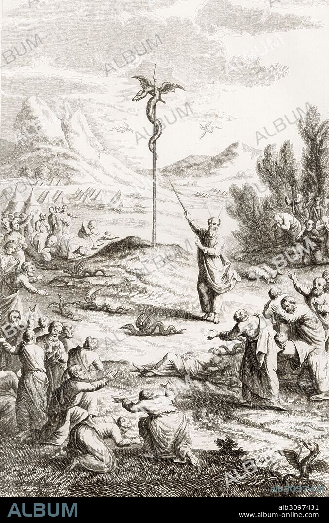 Historia sagrada. Moisés amenazando a los israelitas con serpientes aladas por sus muestras de paganismo. Grabado de 1862.